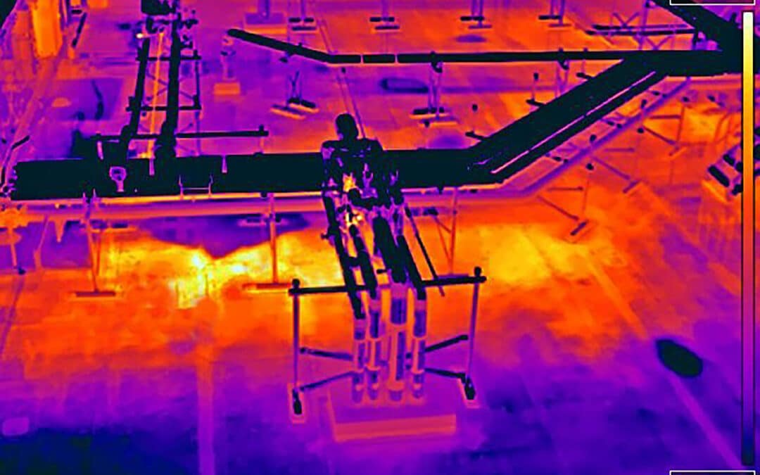 Aerial thermal image of a commercial roof showcasing temperature variations, captured by Allweather Roof.